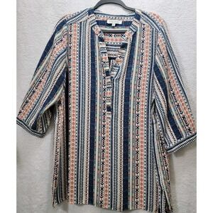 Rose+Olive Womens Plus 1X Tribal Geometric Blouse 3/4 Sleeve‎ Tunic Artsy Aztec